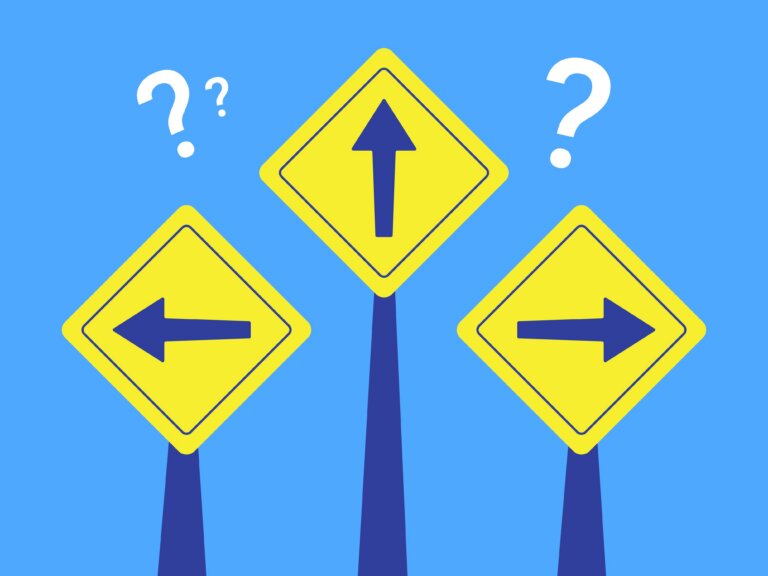 Yellow road signs with arrows and question marks representing a decision