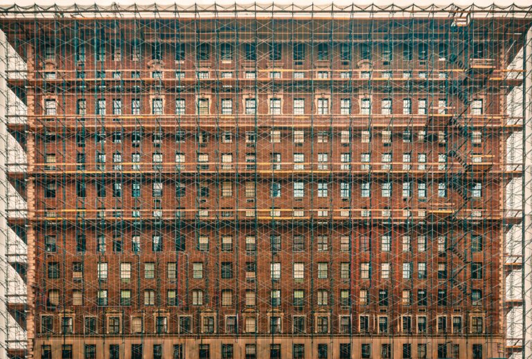 Building facade wrapped in scaffolding on Park Avenue in Manhattan